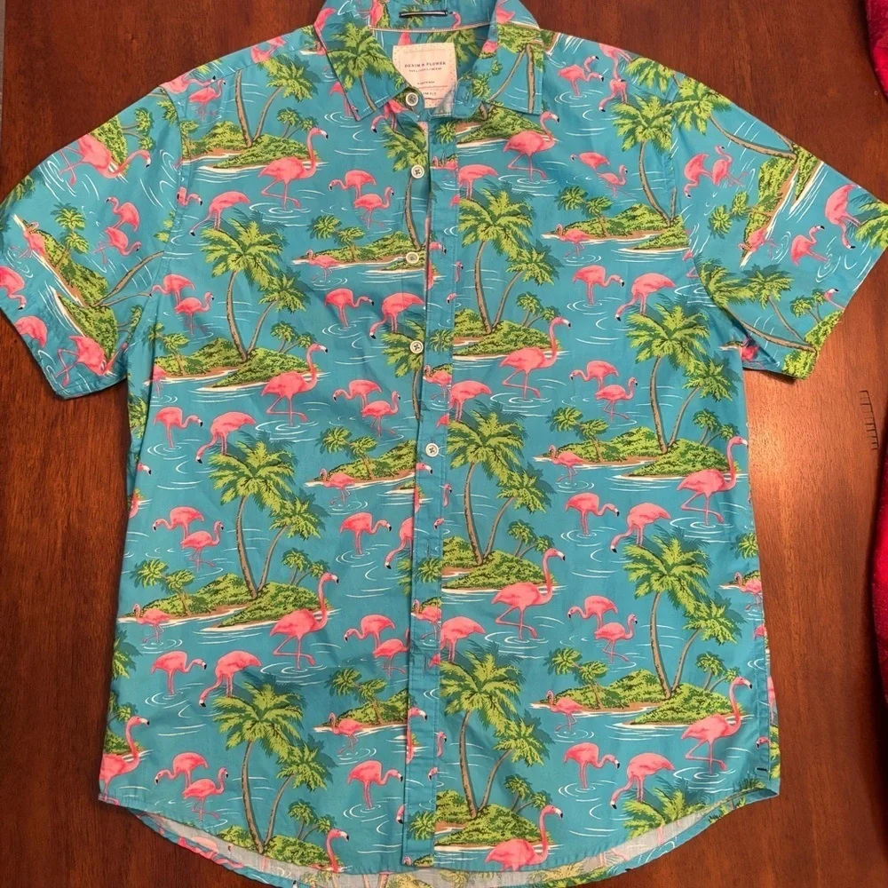 Denim & Flower Ricky Singh Flamingo Shirt - Men’s Size L - Slim Fit